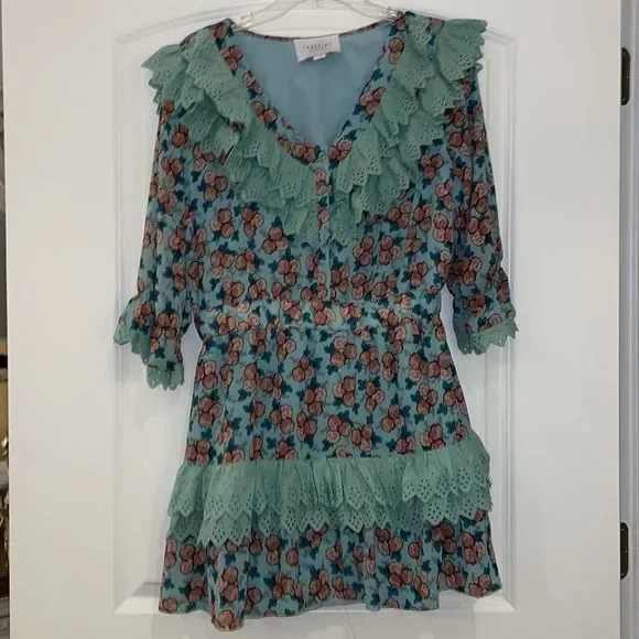 The Shirt By Rochelle Behrens Floral Blue Eyelet Mini Dress Size Large - Picture 2 of 5